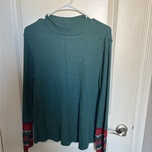 Maurices Teal Cowl Neck Sweater with Patterned Sleeves